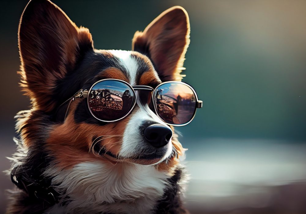 Cute terrier puppy in sunglasses posing outdoors ,generative artificial intelligence